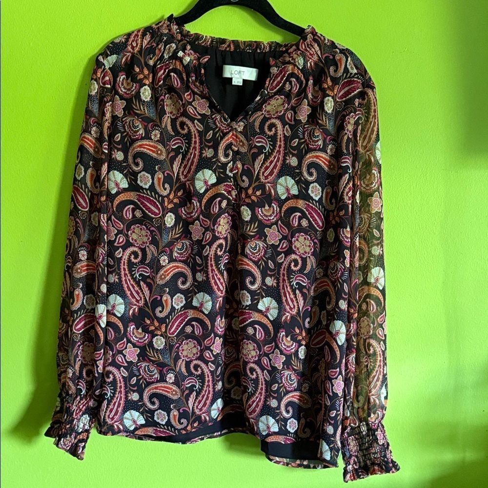 LOFT Black & Multicolor Paisley Print Long Sleeve Blouse Size M
